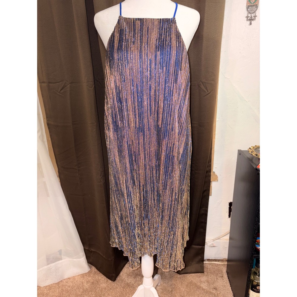 Metallic Pleated Midi Dress Blue Gold Halter Party Joaquin Blanco Cocktail